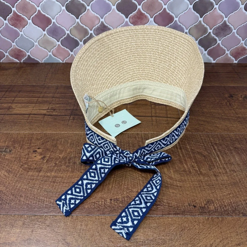 NWT Sea & Grass Straw Visor Navy Blue Geometric Ribbon Tie Back Adjustable